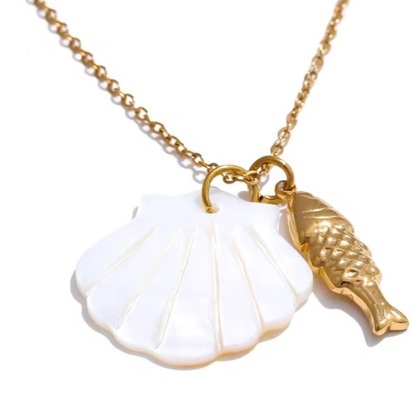 Anthropologie Jewelry - Fish White Shell 18K Gold Stainless Steel Waterproof Necklace
